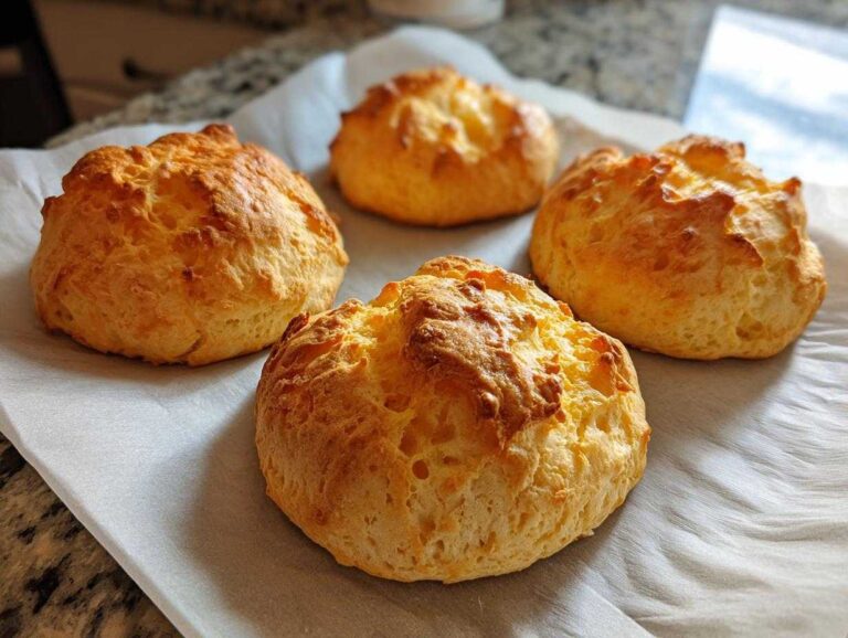 Four golden brown, fluffy carnivore bread buns resting on parchment paper after baking.