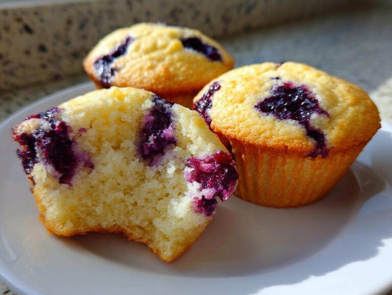 Close-up of fluffy cottage cheese blueberry muffins, one bitten to show the moist interior.