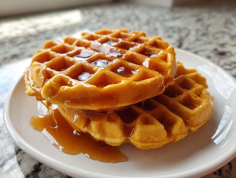 Close-up of two fluffy pumpkin waffles stacked and generously drizzled with maple syrup.