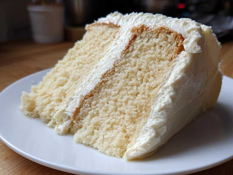 A close-up of a moist slice of fluffy vanilla cake recipe layered with white buttercream frosting.