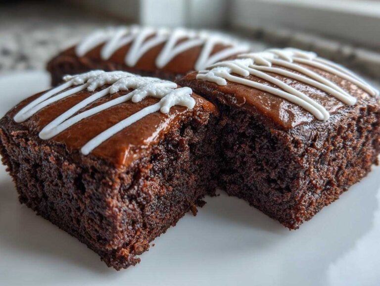 Two square pieces of rich, dark chocolate football brownies topped with glossy brown frosting and white icing laces.