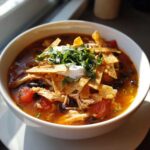 Close-up of a hearty bowl of chicken tortilla soup topped with shredded chicken, black beans, tortilla strips, sour cream, and cilantro.