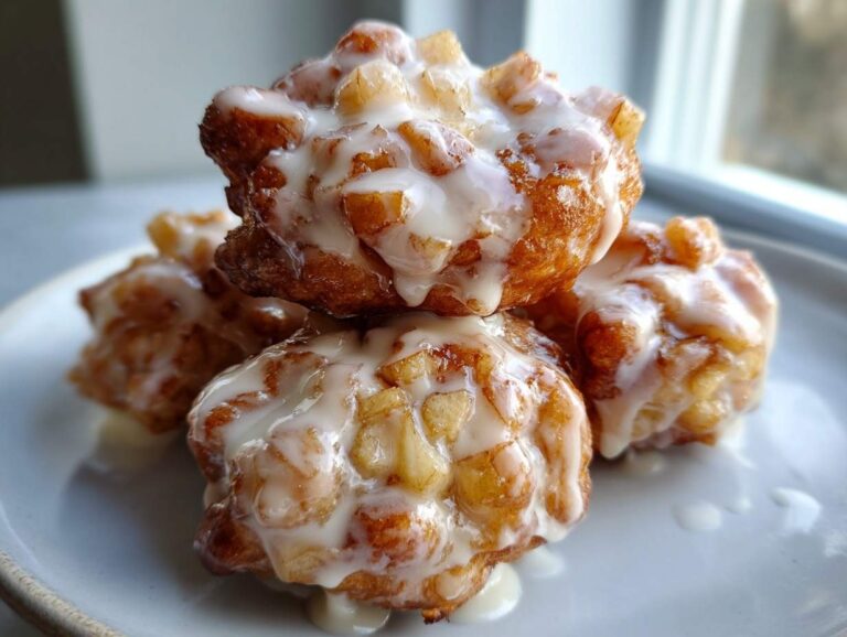 A close-up stack of golden brown, glazed apple fritter pastries piled on a light gray plate.
