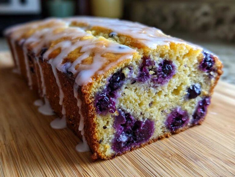 A close-up of a freshly baked blueberry zucchini bread loaf topped with white glaze, showing moist crumb and blueberries.