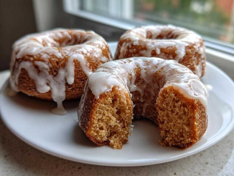 Three freshly baked cake donuts with a thick vanilla glaze, one is broken open showing the soft interior.