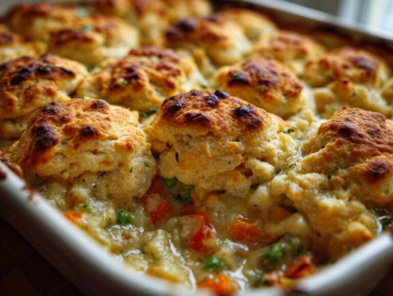 Close-up of a freshly baked pot pie casserole topped with golden, fluffy biscuits.