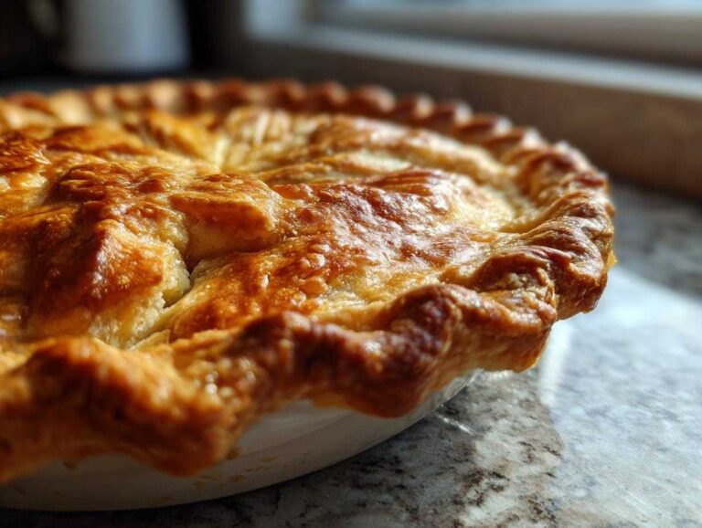 Close-up of a golden brown, flaky pie crust with crimped edges, fresh from the oven.