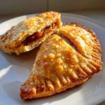 Two golden brown, flaky fried apple pies resting on a white plate, one cut open to show the apple filling.