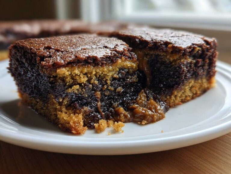 Close-up of a rich, gooey slice of chocolate cobbler showing dark chocolate cake and a molten caramel-like center.