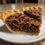 Close-up of two slices of gooey pecan pie showing the rich, dark filling and whole pecans on top.