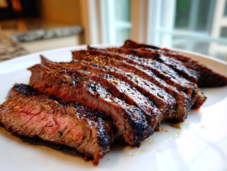 Close-up of juicy, medium-rare grilled flank steak, sliced against the grain and glistening with marinade.