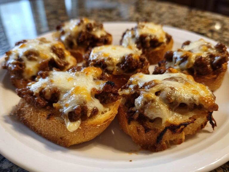 Close-up of several toasted bread rounds topped with savory meat mixture and melted cheese, showcasing the hanky panky recipe.