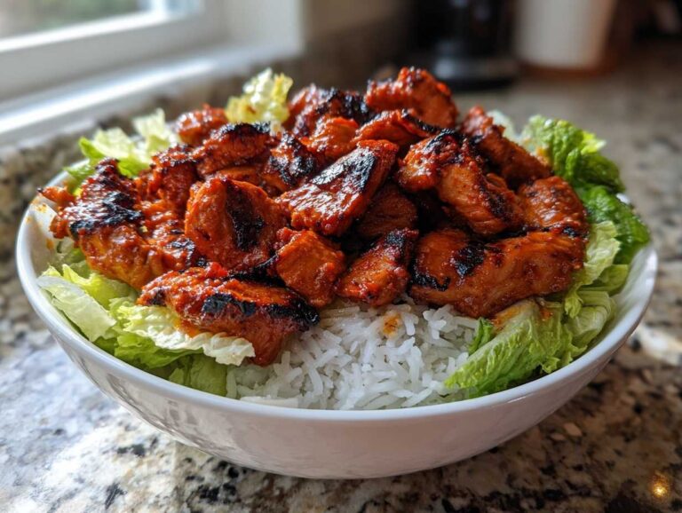 Close-up of a white bowl filled with white rice, topped with bright red, charred harissa chicken pieces and fresh lettuce.