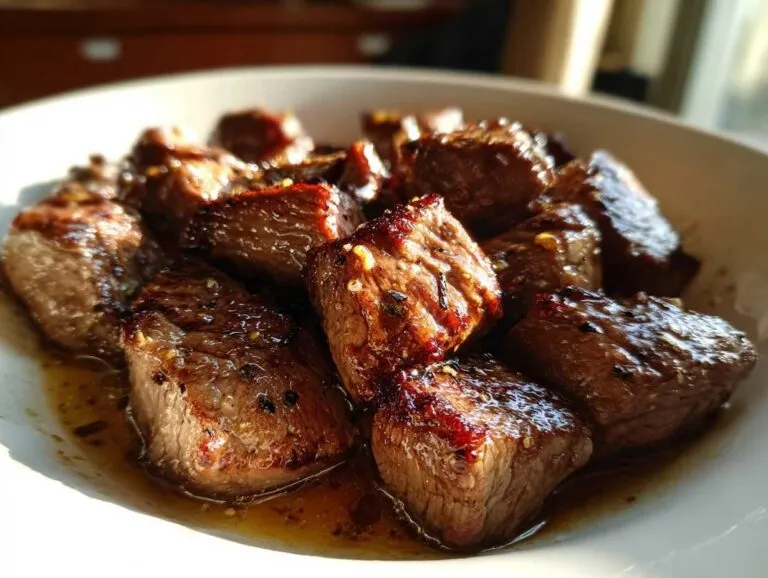 Close-up of perfectly cooked, cubed hibachi steak pieces glistening in a savory sauce in a white bowl.