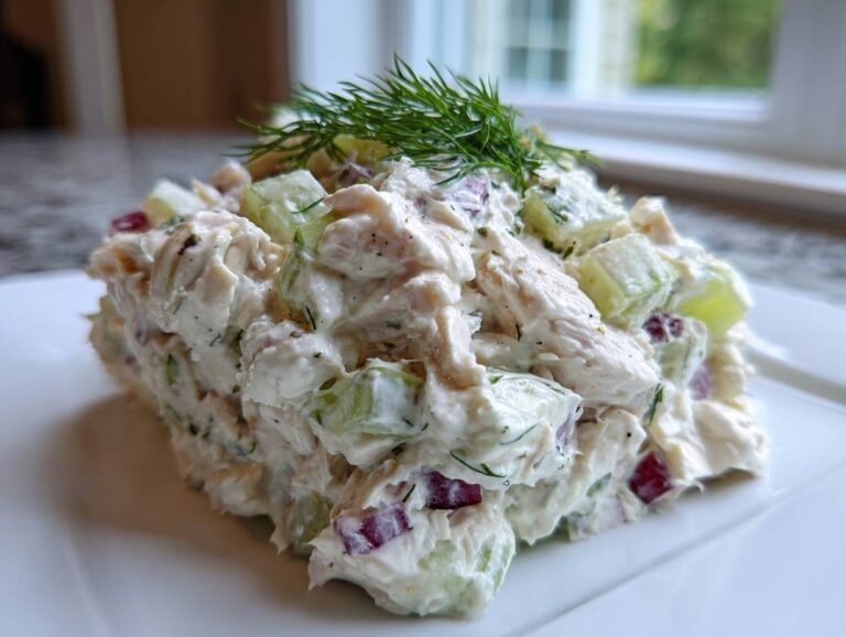 A generous scoop of creamy high protein chicken salad featuring chunks of chicken, celery, and red onion, topped with fresh dill.