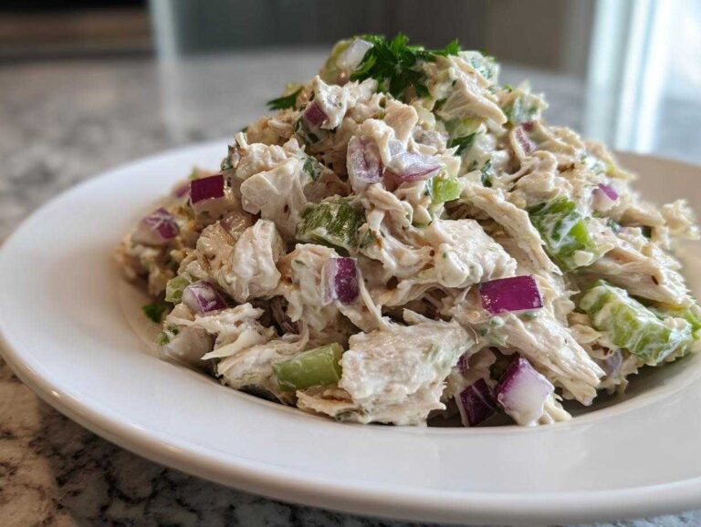 Close-up of a mound of creamy chicken protein salad mixed with diced red onion and celery, garnished with parsley.