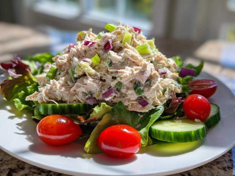 A mound of creamy chicken salad served over mixed greens with cucumber slices and cherry tomatoes, a perfect high protein salad.