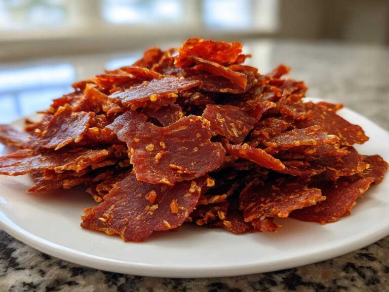 Close-up of a pile of crispy, reddish-brown homemade doner kebab meat flakes seasoned with spices on a white plate.
