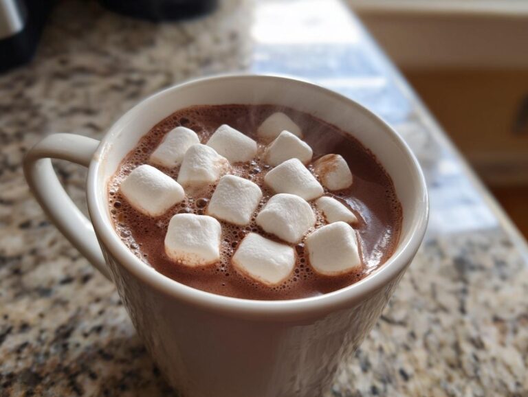 Close-up of a white mug filled with steaming homemade hot cocoa topped with fluffy white marshmallows.