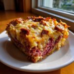 A thick slice of homemade reuben bake featuring corned beef, sauerkraut, and melted cheese topping.