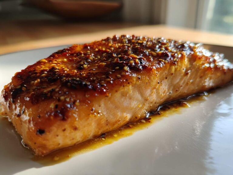 Close-up of a perfectly cooked honey garlic butter salmon fillet with a glossy, caramelized glaze and visible seeds.