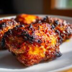 Close-up of perfectly caramelized and slightly charred hot honey chicken pieces on a white plate.