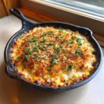 A bubbling hot elote dip baked to golden perfection in a cast iron skillet, topped with breadcrumbs and parsley.