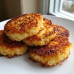 A stack of golden-brown, crispy hot water cornbread patties resting on a white plate.
