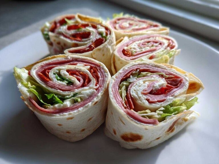 Five cross-section slices of Italian pinwheels showing layers of deli meat, cream cheese, and lettuce rolled in a tortilla.