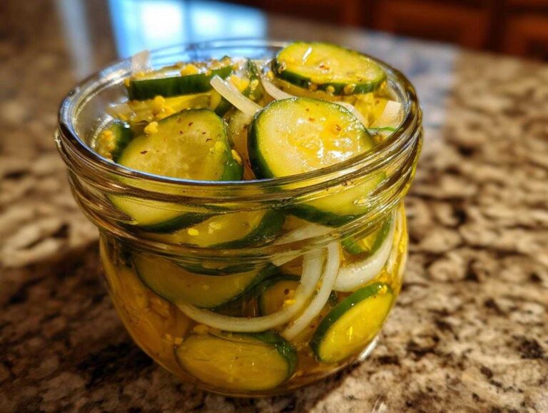 Close-up of a glass jar filled with sliced cucumbers and onions soaking in the brine for bread and butter pickle.