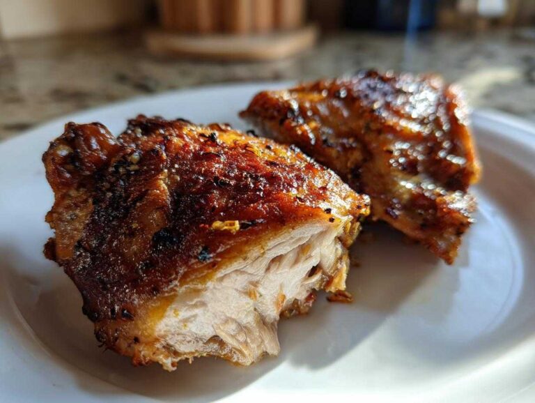 Close-up of two perfectly cooked, juicy chicken thighs with crispy, browned skin on a white plate.