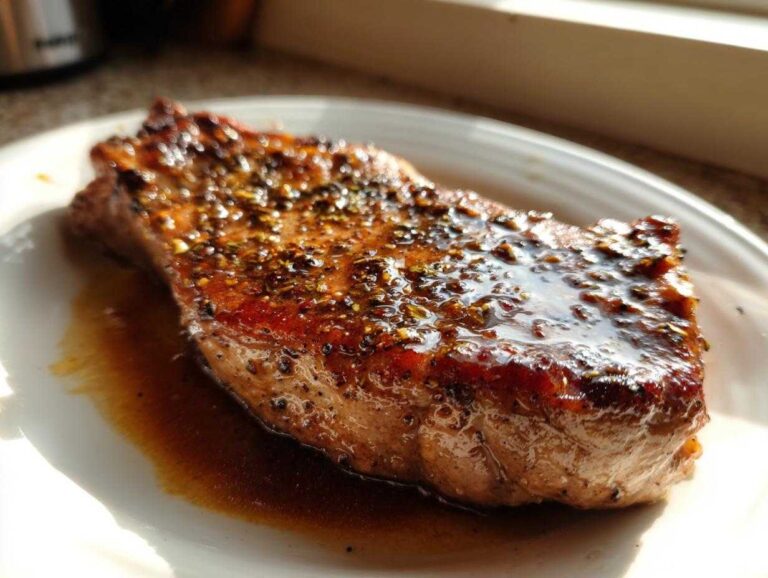 Close-up of a perfectly cooked, juicy pork steak seasoned with herbs and resting in its own glaze.