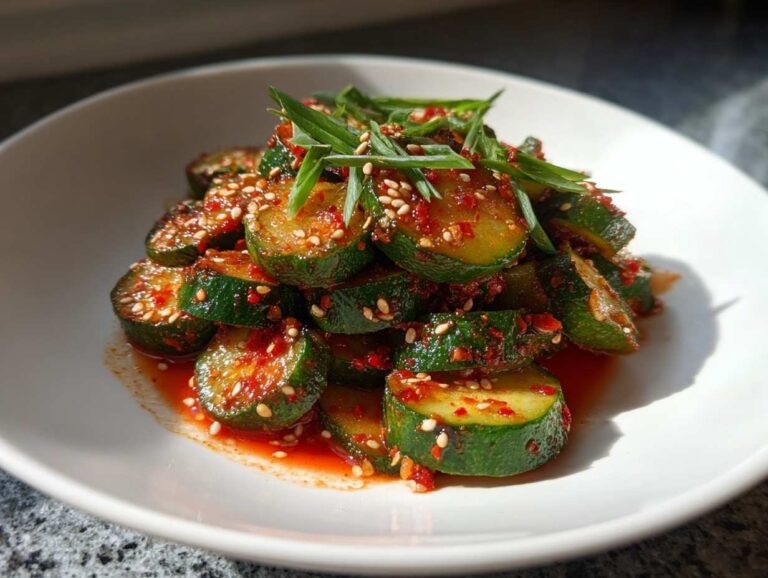A close-up of vibrant Korean cucumber salad slices coated in chili flakes and sesame seeds.
