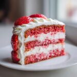 Close-up of a layered slice of strawberry cake with white frosting and fresh strawberry halves on top.