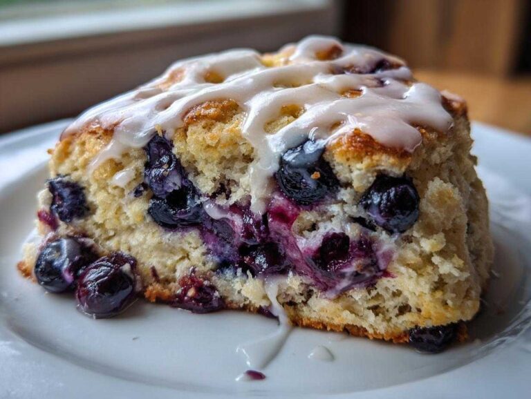 A moist, close-up cross-section of a lemon blueberry scone topped with white glaze.