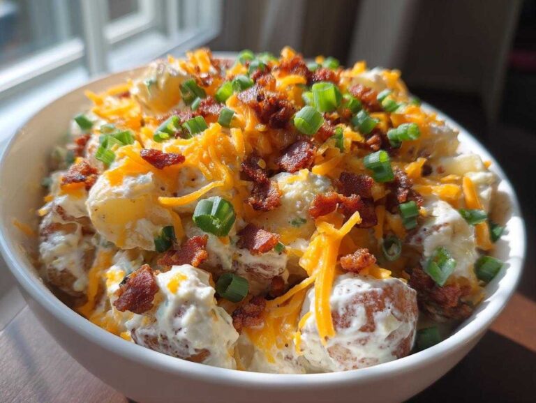 A creamy, delicious bowl of loaded baked potato salad topped with shredded cheddar, bacon bits, and green onions.