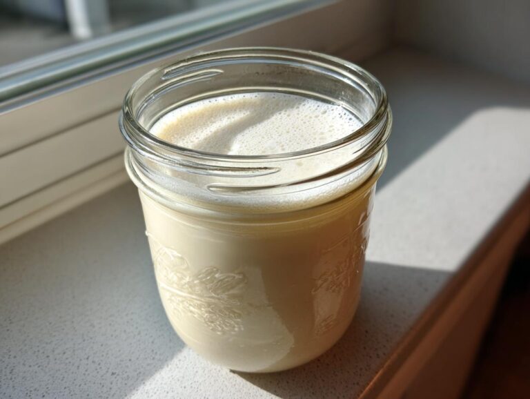 A mason jar filled with creamy homemade coffee creamer sitting on a windowsill in bright sunlight.