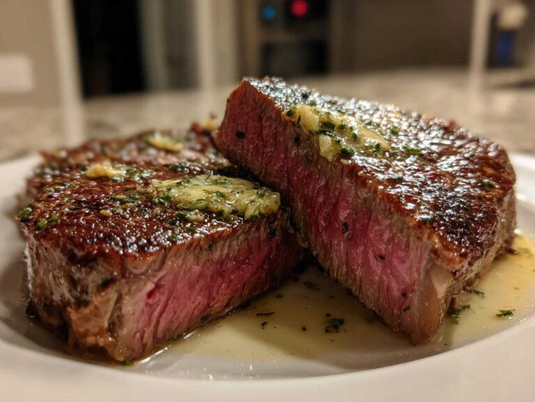 Two thick-cut, medium-rare ribeye steak halves resting on a white plate, topped with melting herb butter.