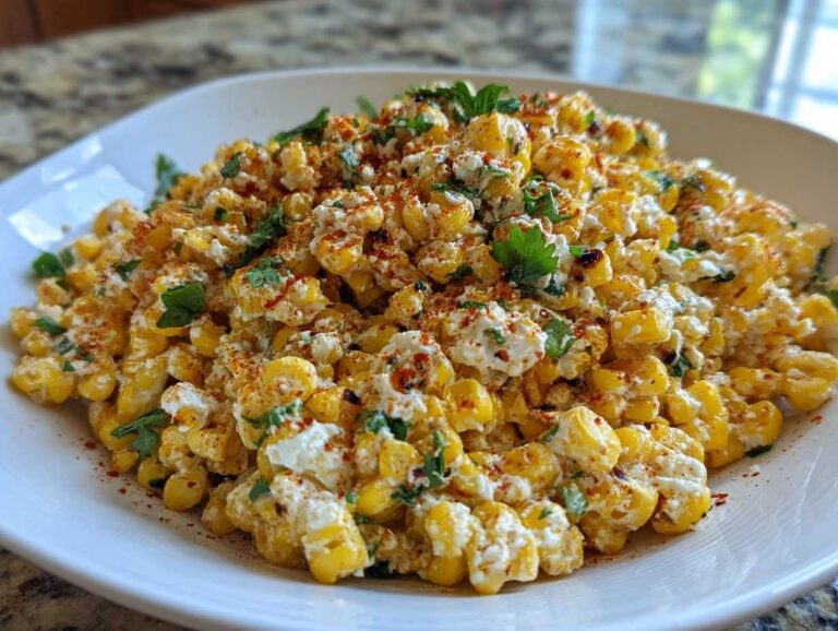 A close-up view of a vibrant mexican street corn salad mixed with creamy dressing, cheese, and sprinkled with chili powder.