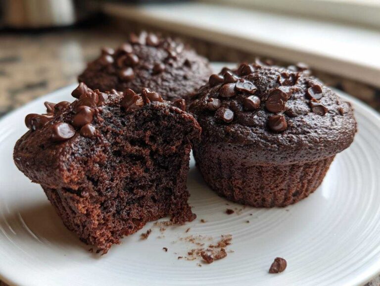 Close-up of two rich chocolate muffins, one split open to show the moist interior, topped with chocolate chips.