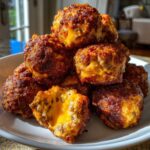 A pile of golden-brown cream cheese sausage balls, one broken open showing gooey melted cheese inside.