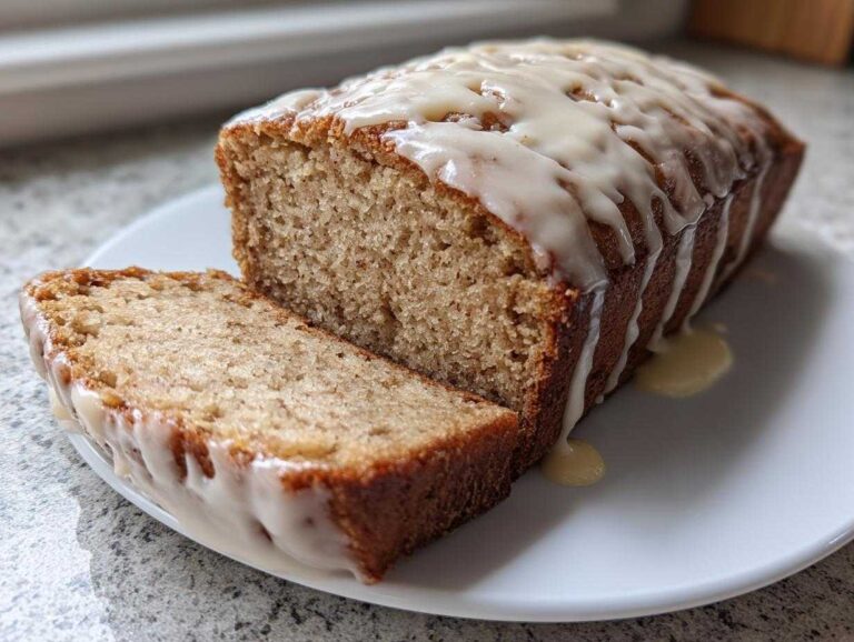 A loaf of freshly baked eggnog bread, partially sliced, topped with a thick vanilla glaze.