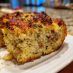 A close-up, appetizing shot of a slice of homemade stuffing showing a moist, textured interior and a golden-brown, crispy top.