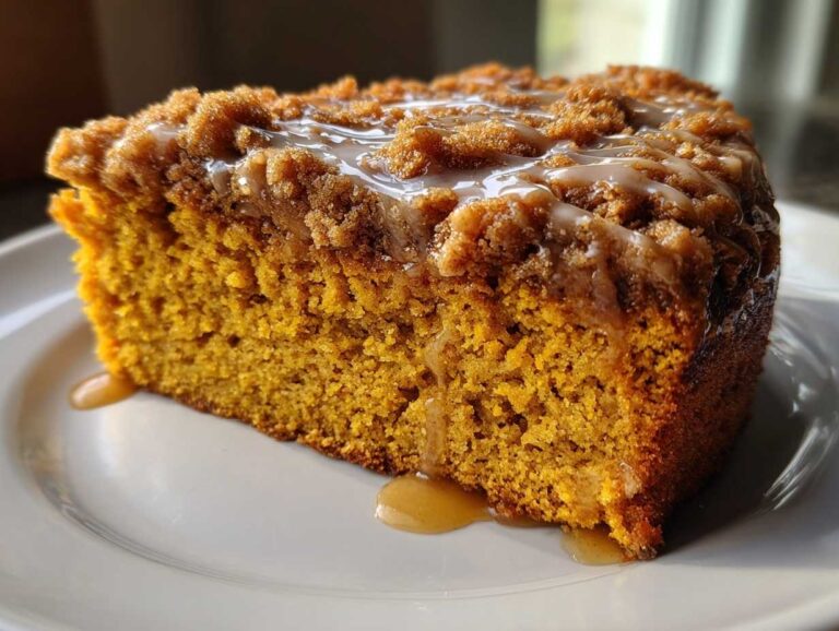 Close-up of a moist slice of pumpkin coffee cake topped with brown sugar streusel and a vanilla glaze.