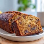 A close-up of a moist slice of vegan banana bread, featuring visible chocolate chips, resting next to the main loaf.