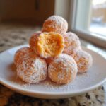A stack of bright orange cream cheese mints rolled in powdered sugar, with one mint broken open to show the creamy interior.