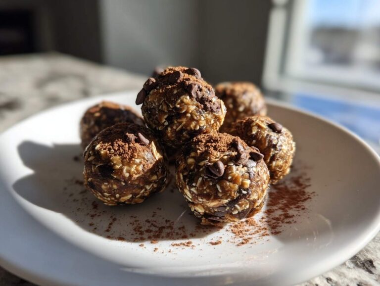 A close-up of several peanut butter protein balls dusted with cocoa powder on a white plate.