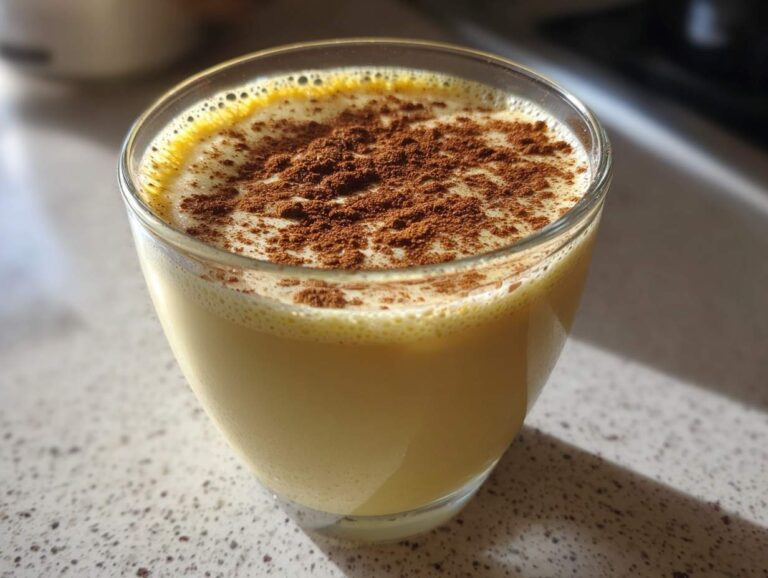Close-up of a glass filled with creamy, yellow eggnog, topped with a generous dusting of cinnamon.
