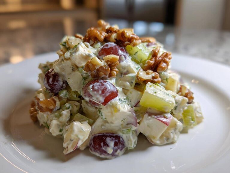 A mound of creamy Waldorf salad featuring red grapes, celery, apples, and topped with crunchy walnuts.