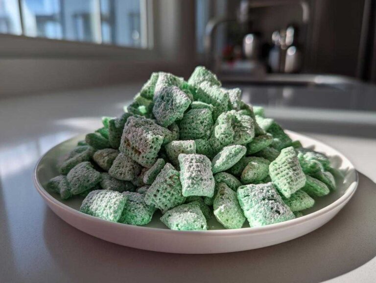 A large mound of bright green, powdered sugar-coated pistachio puppy chow piled high on a white plate.